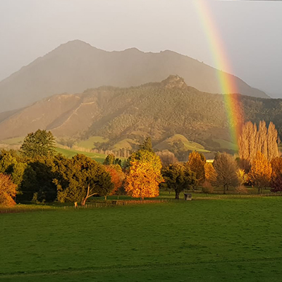 Sunset and solitary cabin at Miyo Samten Ling